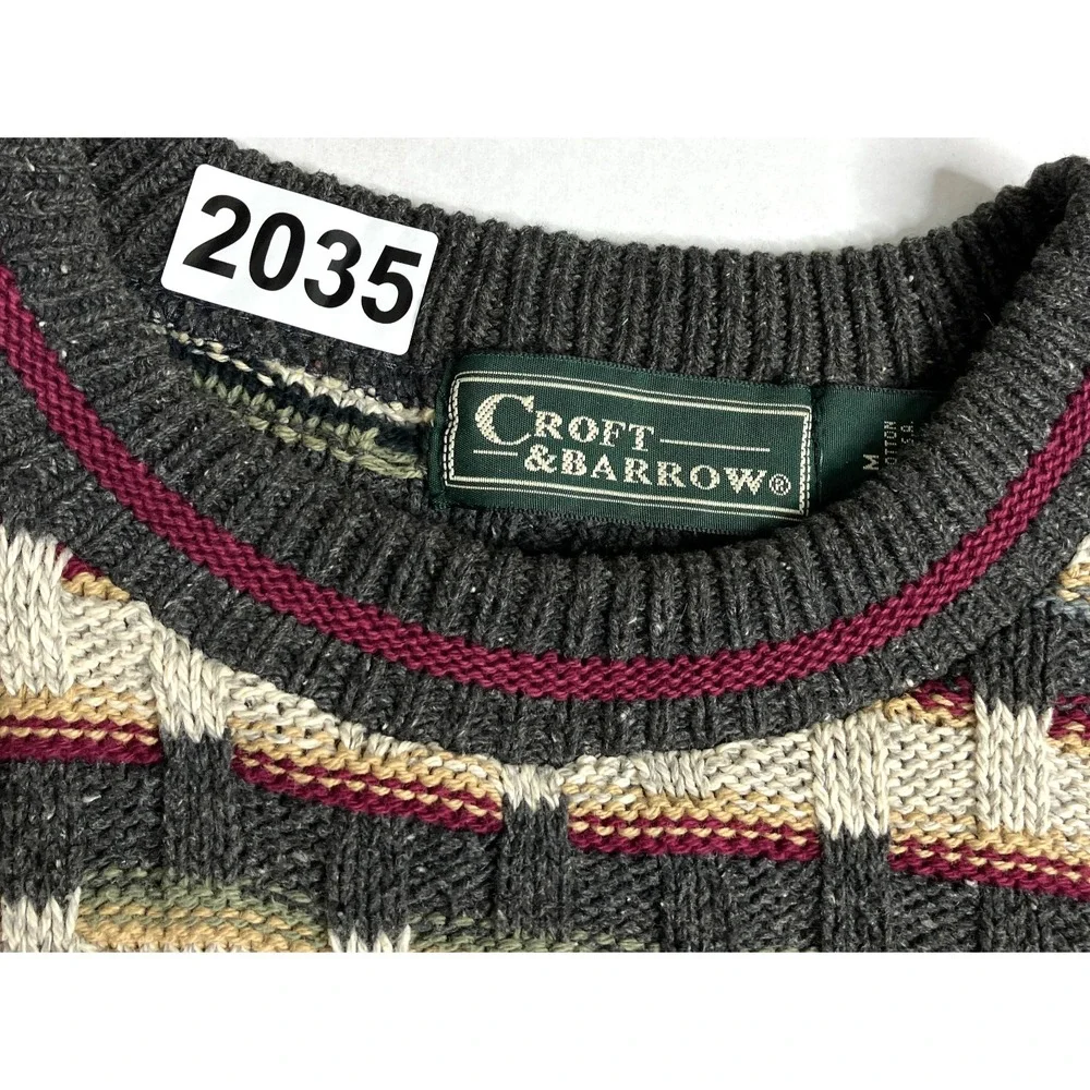 VTG 90s Croft & Barrow Sweater Mens M Striped Textured Knit Oversized Distressed